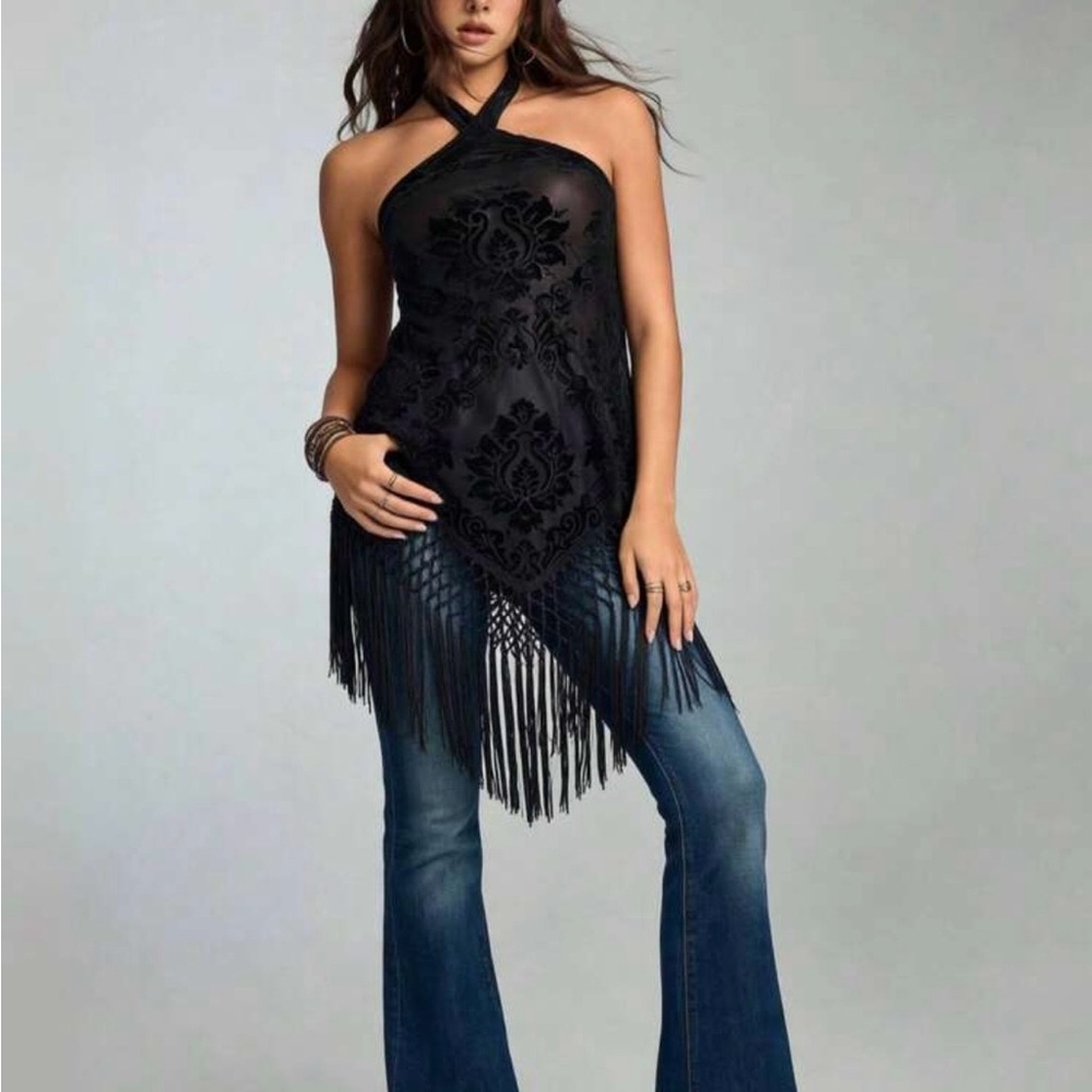 ROMWE Black Velvet Damask Halter Fringe Tunic